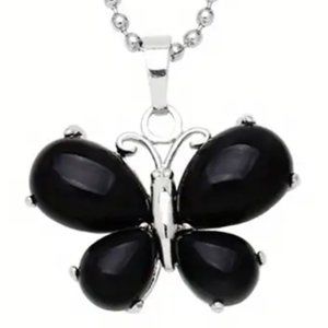 Black Onyx Natural Stone Cute Butterfly Pendant Necklace Gemstone Pendant